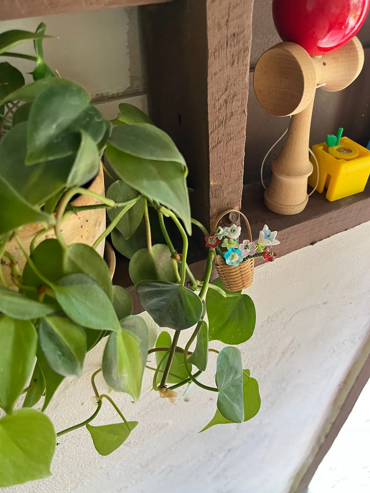 Wooden shelf with plant and bead flower basket
